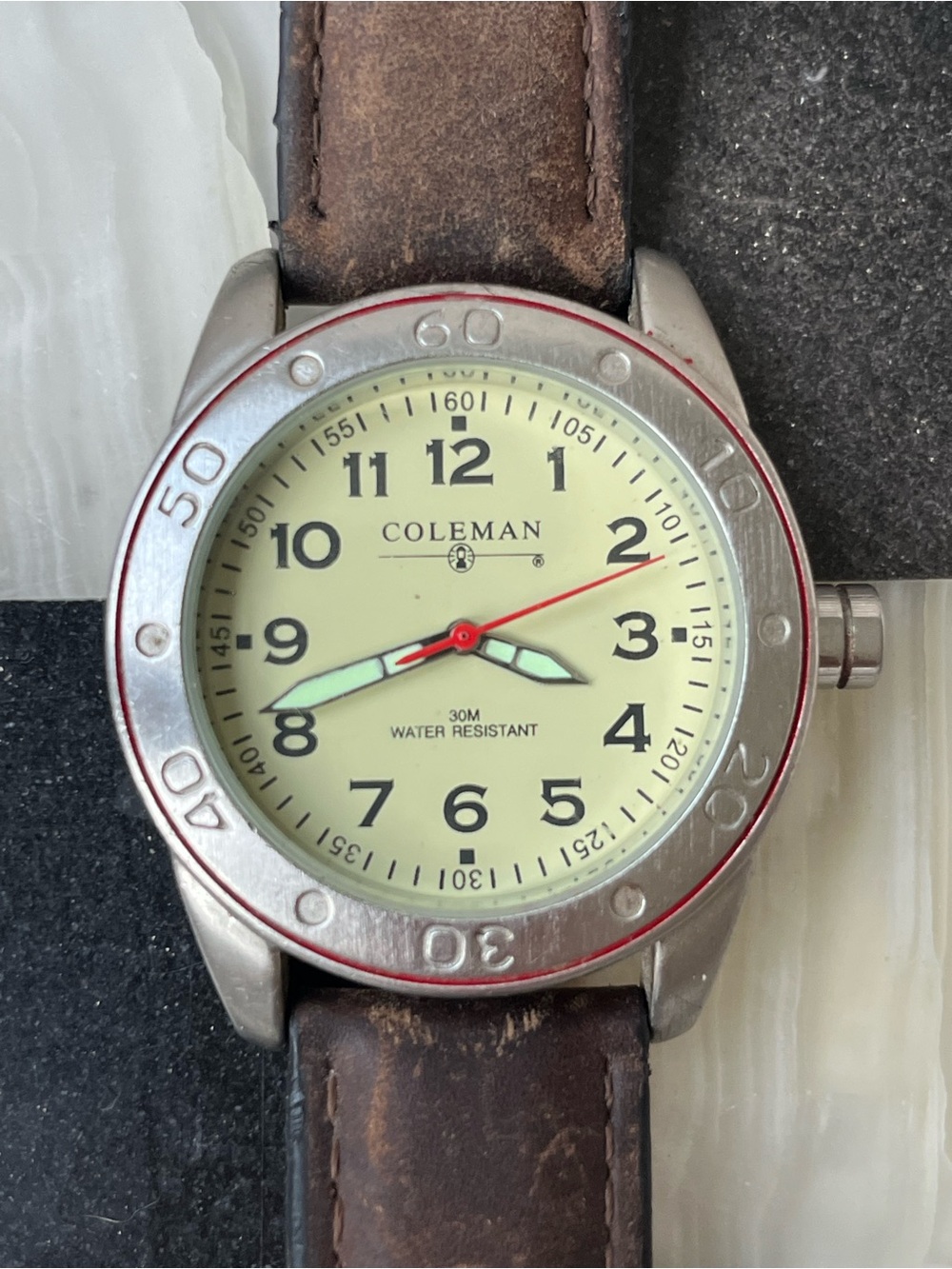 COLEMAN Men's Quartz WATCH Leather Band Luminous hand "40516"  New Battery